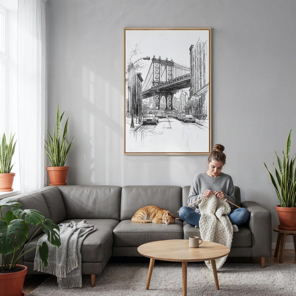 02 - Manhattan bridge - Pencil Drawing Canvas Print with Natural Floater Frame - Woman Knitting on grey couch - Vertical.jpg 02 - Manhattan bridge - Pencil Drawing Canvas Print with Natural Floater Frame - Woman Knitting on grey couch - Vertical.jpg