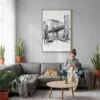 02 - Manhattan bridge - Pencil Drawing Canvas Print with Natural Floater Frame - Woman Knitting on grey couch - Vertical.jpg