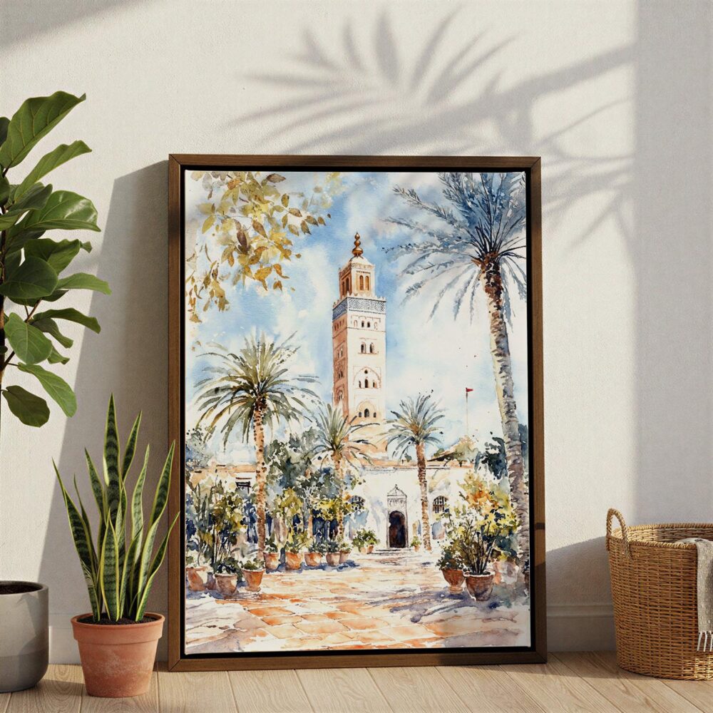 02 - Marrakesh Watercolor Canvas Print with Brown Floater Frame - Standing on Floor - Vertical.jpg 02 - Marrakesh Watercolor Canvas Print with Brown Floater Frame - Standing on Floor - Vertical.jpg