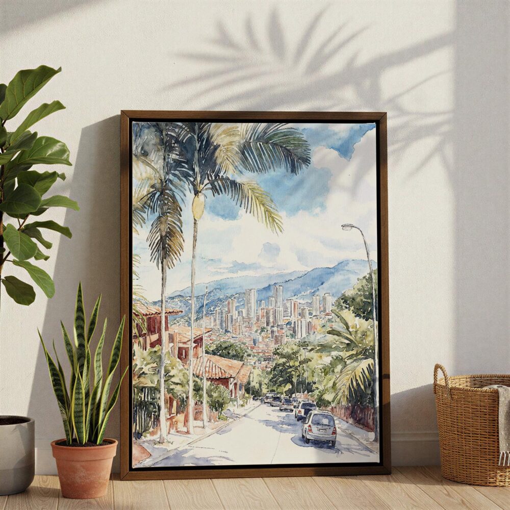02 - Medellin Colombia Watercolor Canvas Print with Brown Floater Frame - Standing on Floor - Vertical.jpg 02 - Medellin Colombia Watercolor Canvas Print with Brown Floater Frame - Standing on Floor - Vertical.jpg