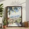 02 - Medellin Colombia Watercolor Canvas Print with Brown Floater Frame - Standing on Floor - Vertical.jpg