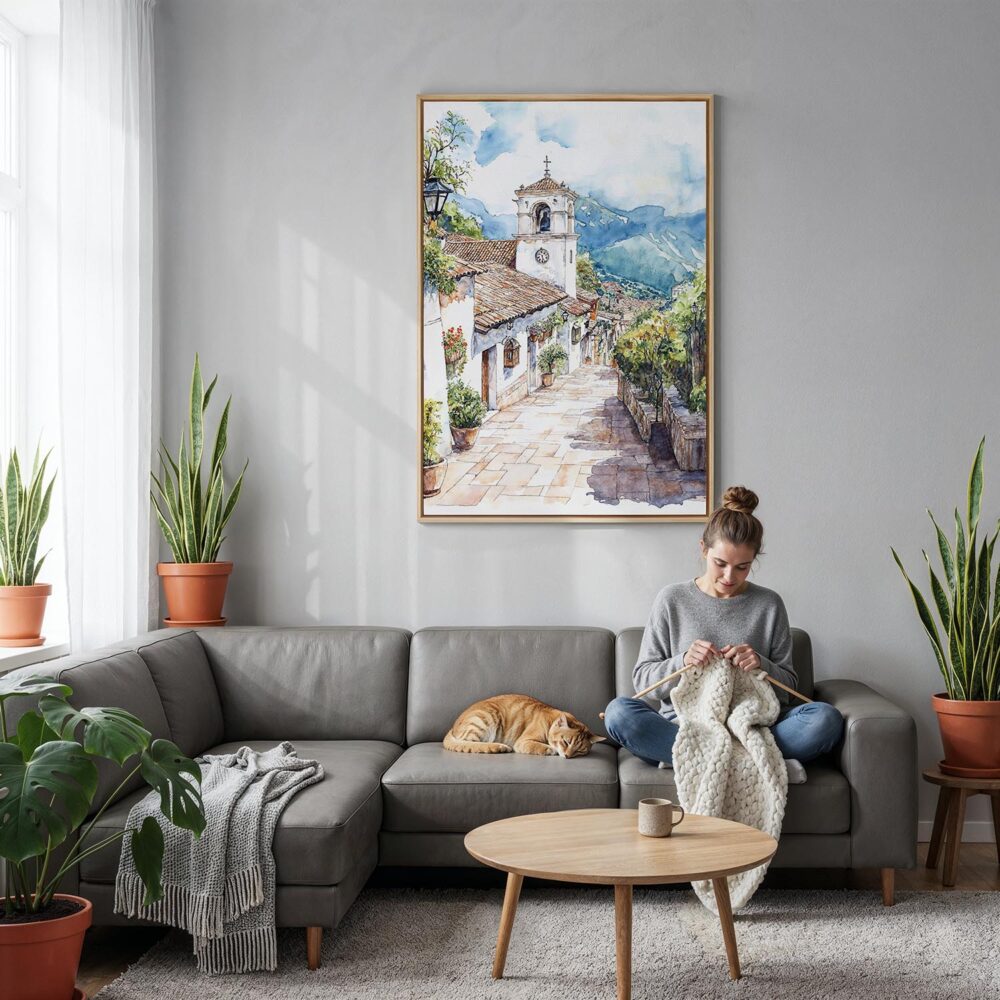 02 - Medellin Old Town Watercolor Canvas Print with Natural Floater Frame - Woman Knitting on grey couch - Vertical.jpg 02 - Medellin Old Town Watercolor Canvas Print with Natural Floater Frame - Woman Knitting on grey couch - Vertical.jpg