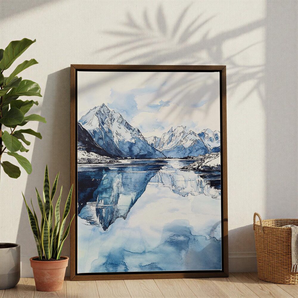 02 - Norway Watercolor Canvas Print with Brown Floater Frame - Standing on Floor - Vertical.jpg 02 - Norway Watercolor Canvas Print with Brown Floater Frame - Standing on Floor - Vertical.jpg