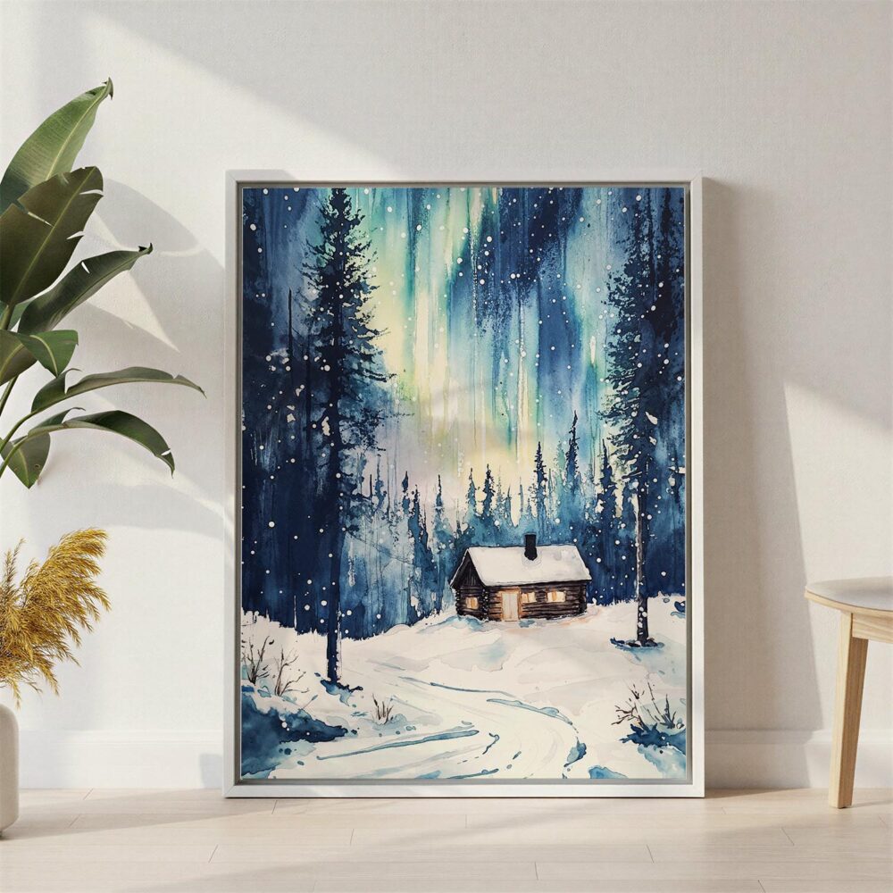 02 - Nothern Lights Finland Watercolor Canvas Print with White Floater Frame - Standing on Floor - Vertical.jpg 02 - Nothern Lights Finland Watercolor Canvas Print with White Floater Frame - Standing on Floor - Vertical.jpg
