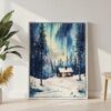02 - Nothern Lights Finland Watercolor Canvas Print with White Floater Frame - Standing on Floor - Vertical.jpg