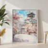 02 - Osaka Castle Japan - Watercolor Canvas Print with White Floater Frame - Standing on Floor - Vertical.jpg