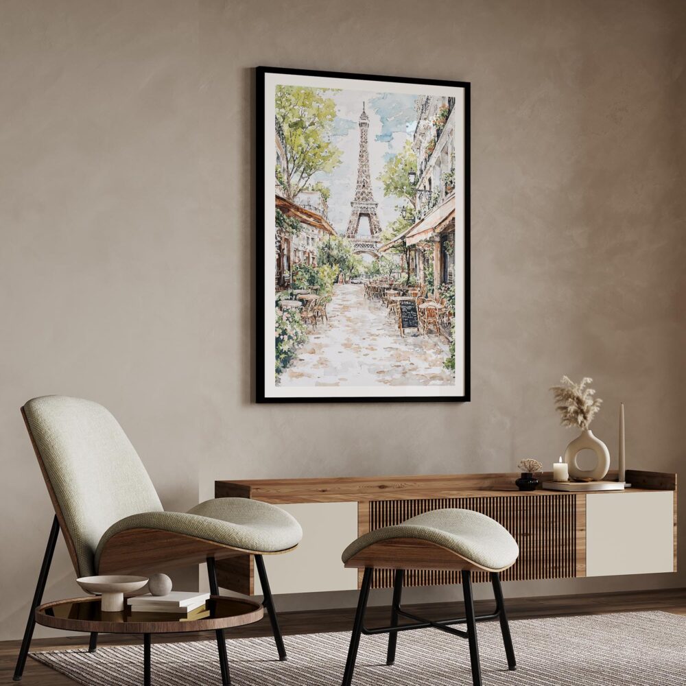 02 - Paris Cafe street scene with eiffel tower Watercolor@2x Art Print with Black Frame in Japandi Living Room.jpg 02 - Paris Cafe street scene with eiffel tower Watercolor@2x Art Print with Black Frame in Japandi Living Room.jpg