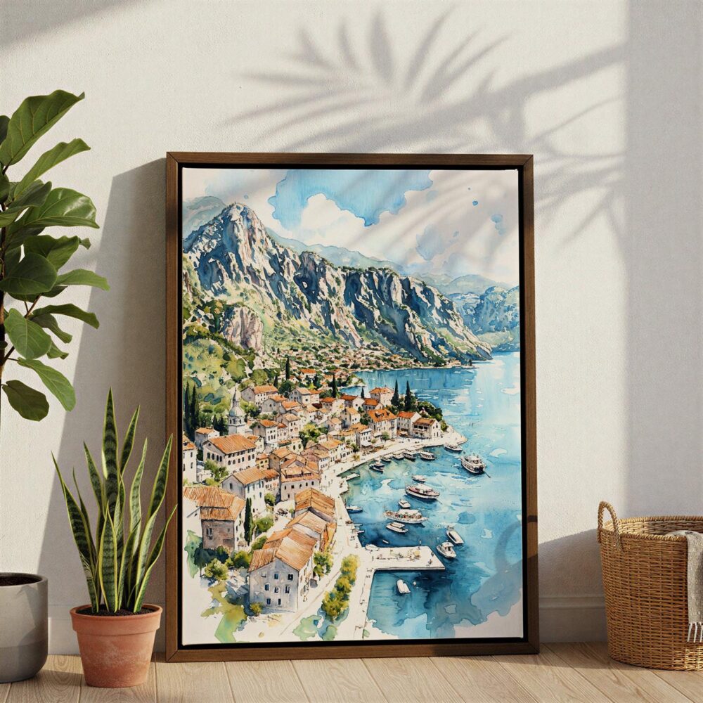 02 - Perast Montenegro Watercolor Canvas Print with Brown Floater Frame - Standing on Floor - Vertical.jpg 02 - Perast Montenegro Watercolor Canvas Print with Brown Floater Frame - Standing on Floor - Vertical.jpg