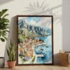 02 - Perast Montenegro Watercolor Canvas Print with Brown Floater Frame - Standing on Floor - Vertical.jpg