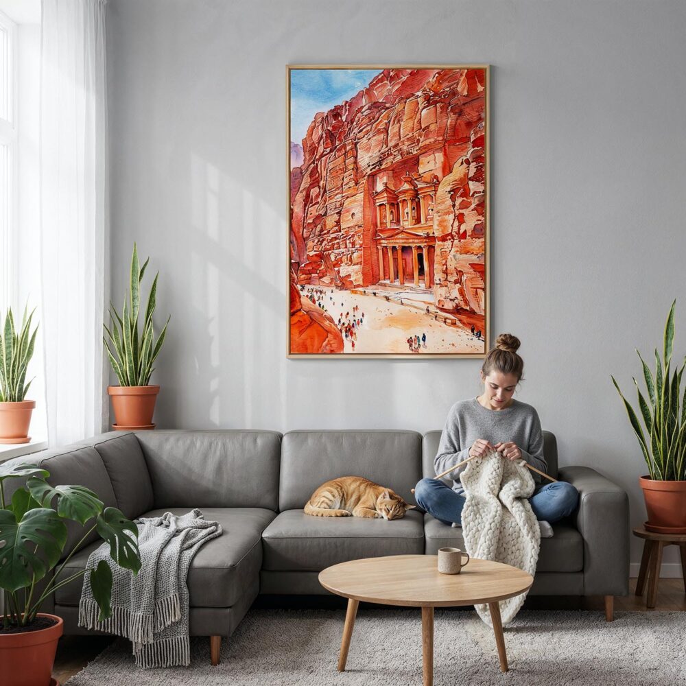02 - Petra Jordan Watercolor Canvas Print with Natural Floater Frame - Woman Knitting on grey couch - Vertical.jpg 02 - Petra Jordan Watercolor Canvas Print with Natural Floater Frame - Woman Knitting on grey couch - Vertical.jpg