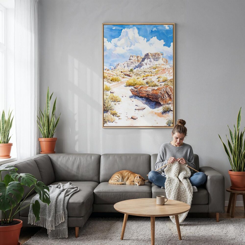 02 - Petrified Forest National Park Watercolor Canvas Print with Natural Floater Frame - Woman Knitting on grey couch - Vertical.jpg 02 - Petrified Forest National Park Watercolor Canvas Print with Natural Floater Frame - Woman Knitting on grey couch - Vertical.jpg