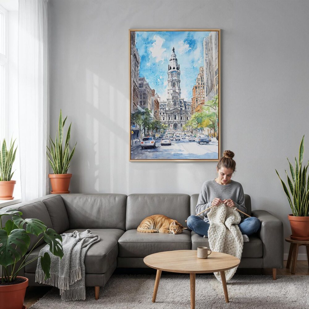 02 - Philadelphia City Hall Canvas Print with Natural Floater Frame - Woman Knitting on grey couch - Vertical.jpg 02 - Philadelphia City Hall Canvas Print with Natural Floater Frame - Woman Knitting on grey couch - Vertical.jpg