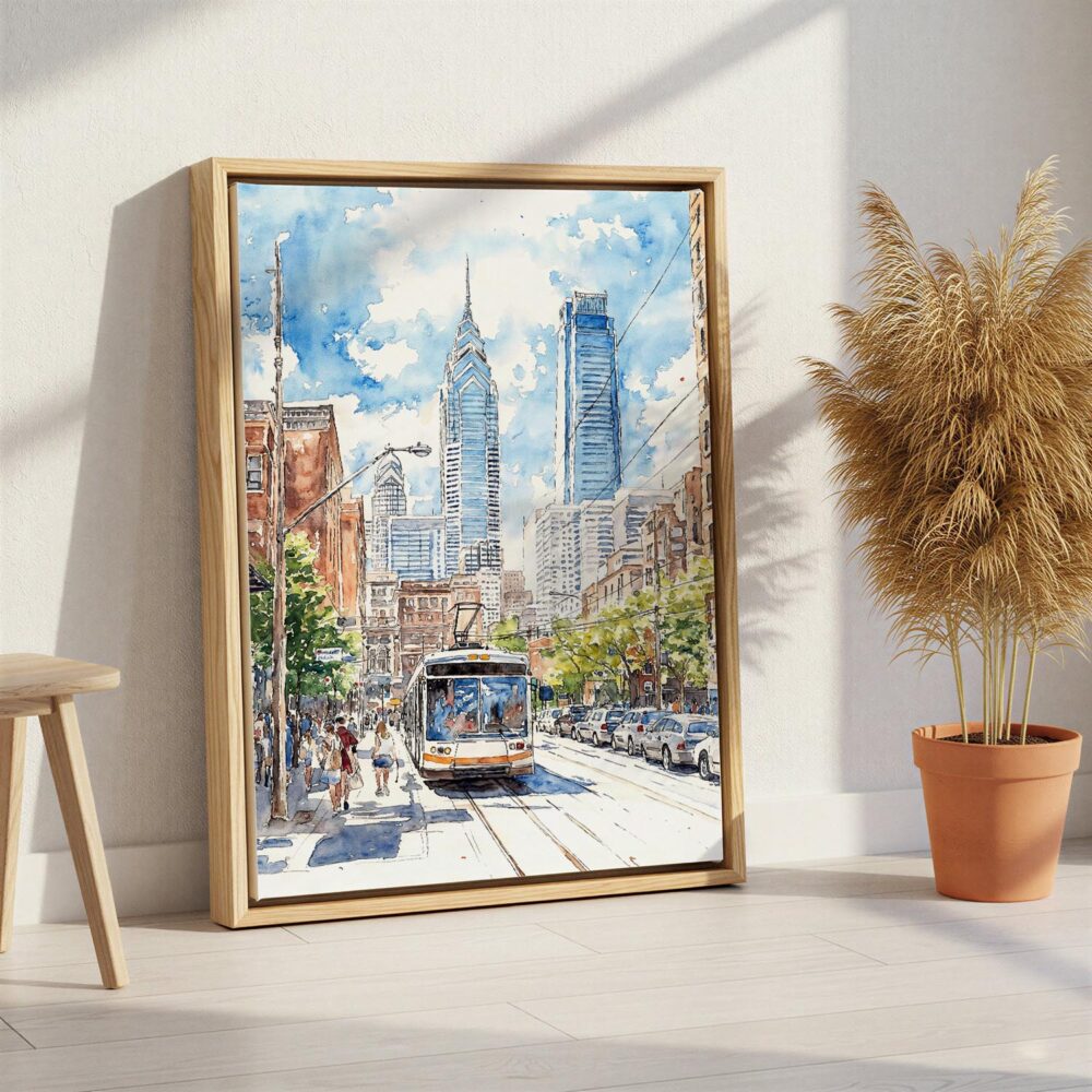 02 - Philadelphia Downtown Canvas Print with Natural Floater Frame - Standing on Floor - Vertical.jpg 02 - Philadelphia Downtown Canvas Print with Natural Floater Frame - Standing on Floor - Vertical.jpg