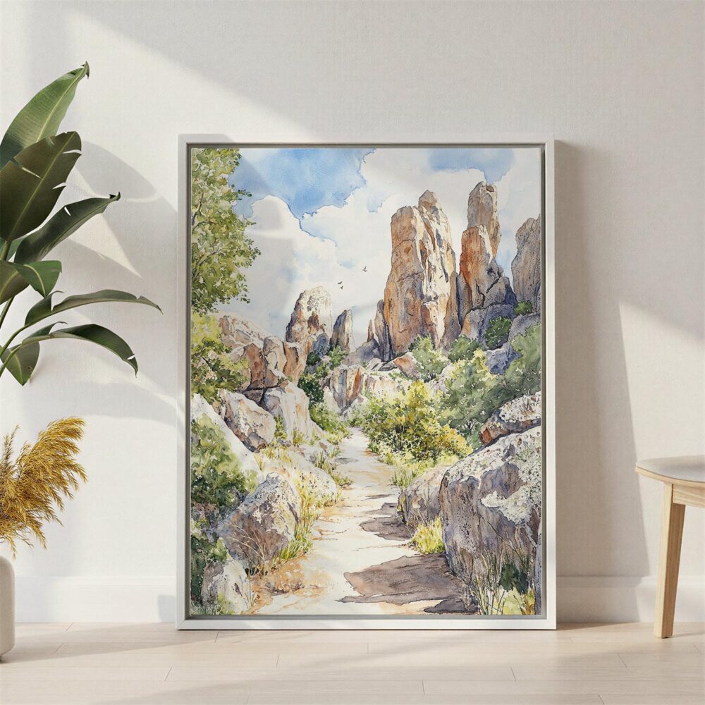02 - Pinnacles National Park California Watercolor Canvas Print with White Floater Frame - Standing on Floor - Vertical.jpg 02 - Pinnacles National Park California Watercolor Canvas Print with White Floater Frame - Standing on Floor - Vertical.jpg