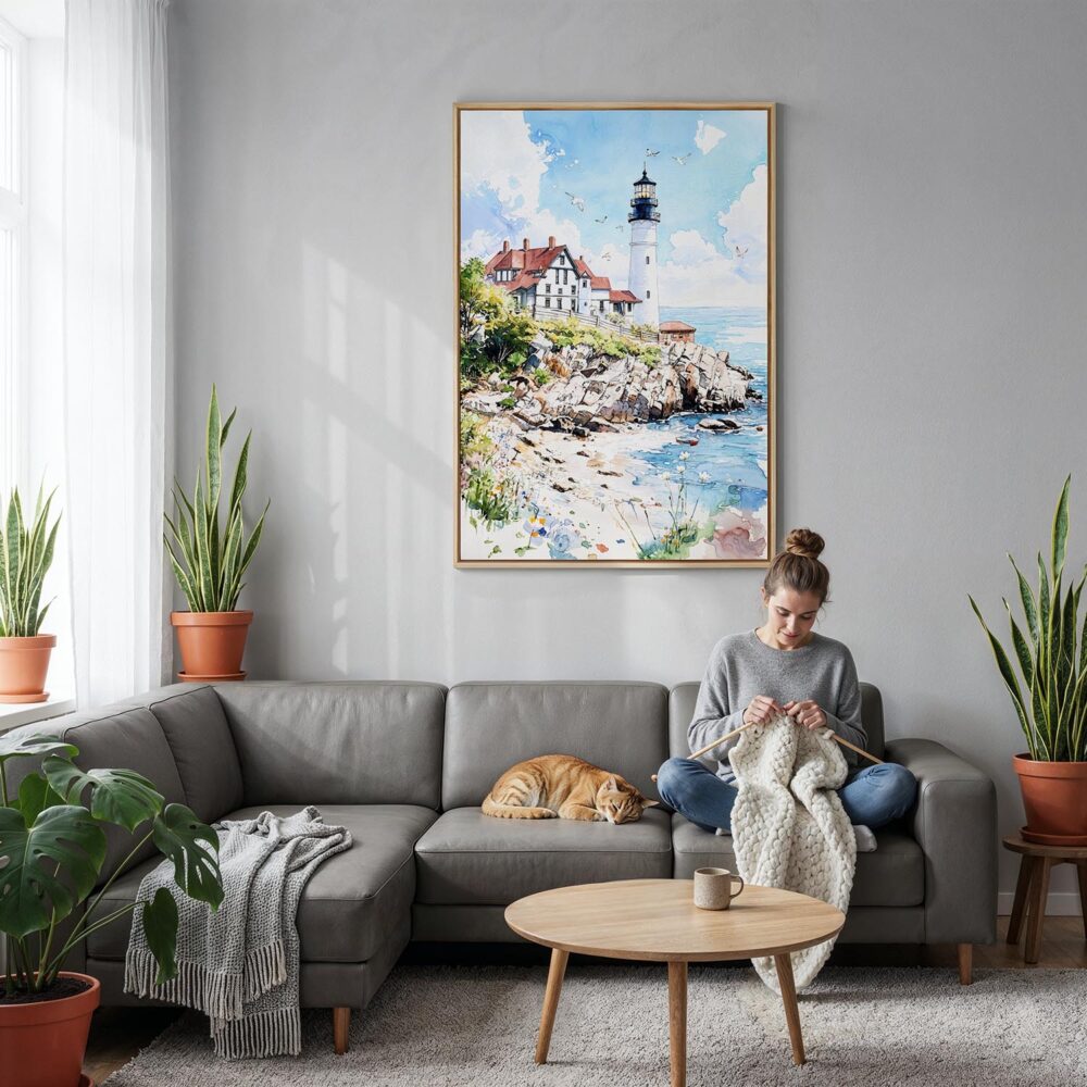 02 - Portland Maine Watercolor Canvas Print with Natural Floater Frame - Woman Knitting on grey couch - Vertical.jpg 02 - Portland Maine Watercolor Canvas Print with Natural Floater Frame - Woman Knitting on grey couch - Vertical.jpg