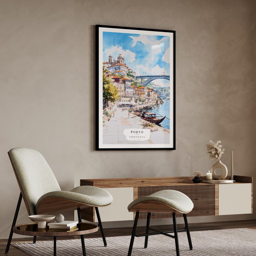 02 - Porto Ribeira Watercolor Art Print with Black Frame in Japandi Living Room.jpg 02 - Porto Ribeira Watercolor Art Print with Black Frame in Japandi Living Room.jpg