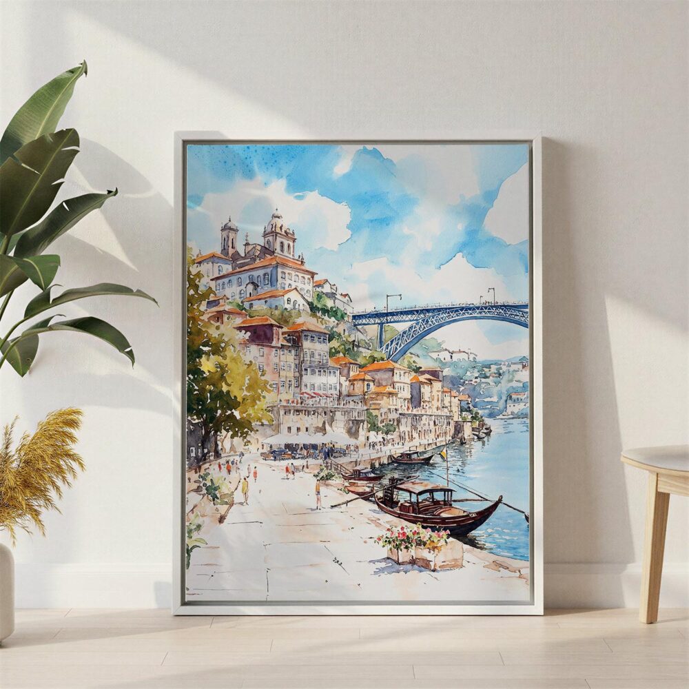 02 - Porto Ribeira Watercolor Canvas Print with White Floater Frame - Standing on Floor - Vertical.jpg 02 - Porto Ribeira Watercolor Canvas Print with White Floater Frame - Standing on Floor - Vertical.jpg