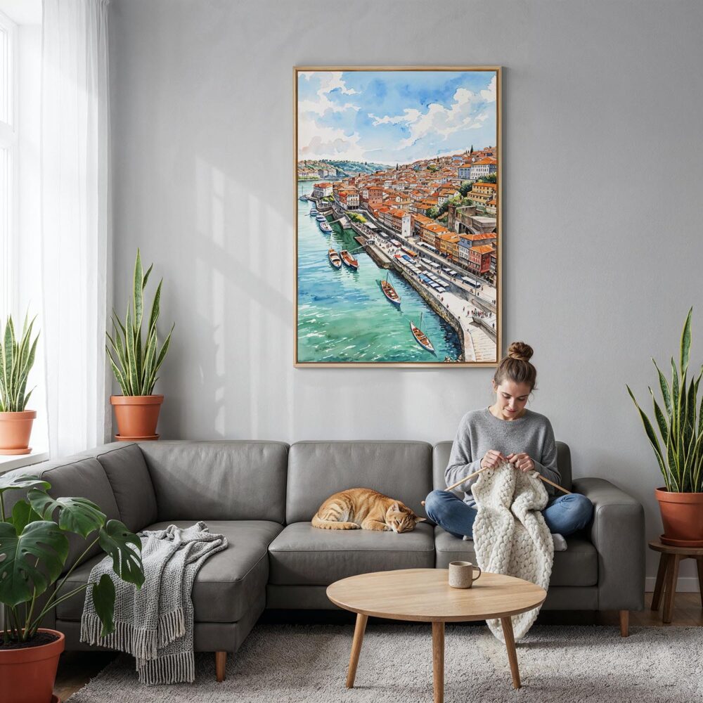 02 - Porto Skyline Watercolor Canvas Print with Natural Floater Frame - Woman Knitting on grey couch - Vertical.jpg 02 - Porto Skyline Watercolor Canvas Print with Natural Floater Frame - Woman Knitting on grey couch - Vertical.jpg