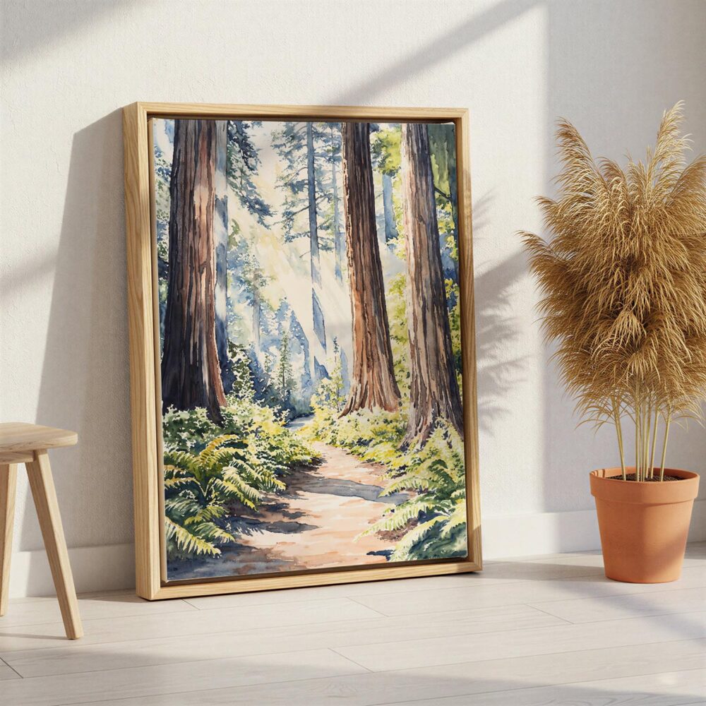 02 - Redwood Nationall Park Watercolor Canvas Print with Natural Floater Frame - Standing on Floor - Vertical.jpg 02 - Redwood Nationall Park Watercolor Canvas Print with Natural Floater Frame - Standing on Floor - Vertical.jpg