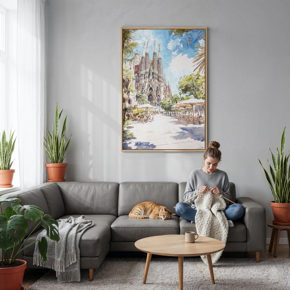 02 - Sagrada Familia - Watercolor Canvas Print with Natural Floater Frame - Woman Knitting on grey couch - Vertical.jpg 02 - Sagrada Familia - Watercolor Canvas Print with Natural Floater Frame - Woman Knitting on grey couch - Vertical.jpg