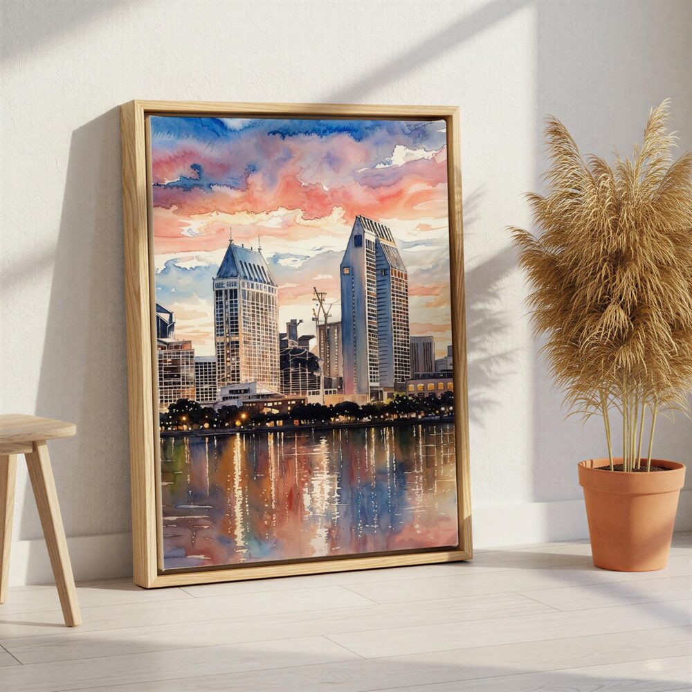 02 - San Diego Skyline Watercolor Canvas Print with Natural Floater Frame - Standing on Floor - Vertical.jpg 02 - San Diego Skyline Watercolor Canvas Print with Natural Floater Frame - Standing on Floor - Vertical.jpg
