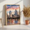 02 - San Diego Skyline Watercolor Canvas Print with Natural Floater Frame - Standing on Floor - Vertical.jpg