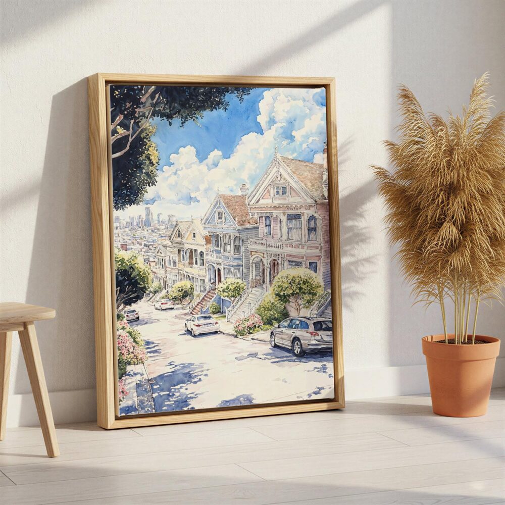 02 - San Francisco - Painted Ladies - Watercolors Canvas Print with Natural Floater Frame - Standing on Floor - Vertical.jpg 02 - San Francisco - Painted Ladies - Watercolors Canvas Print with Natural Floater Frame - Standing on Floor - Vertical.jpg