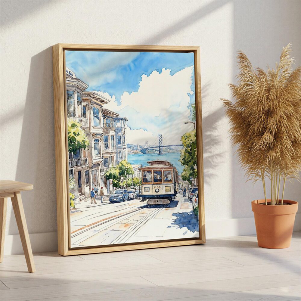 02 - San Francisco Tram - Watercolor Canvas Print with Natural Floater Frame - Standing on Floor - Vertical.jpg 02 - San Francisco Tram - Watercolor Canvas Print with Natural Floater Frame - Standing on Floor - Vertical.jpg