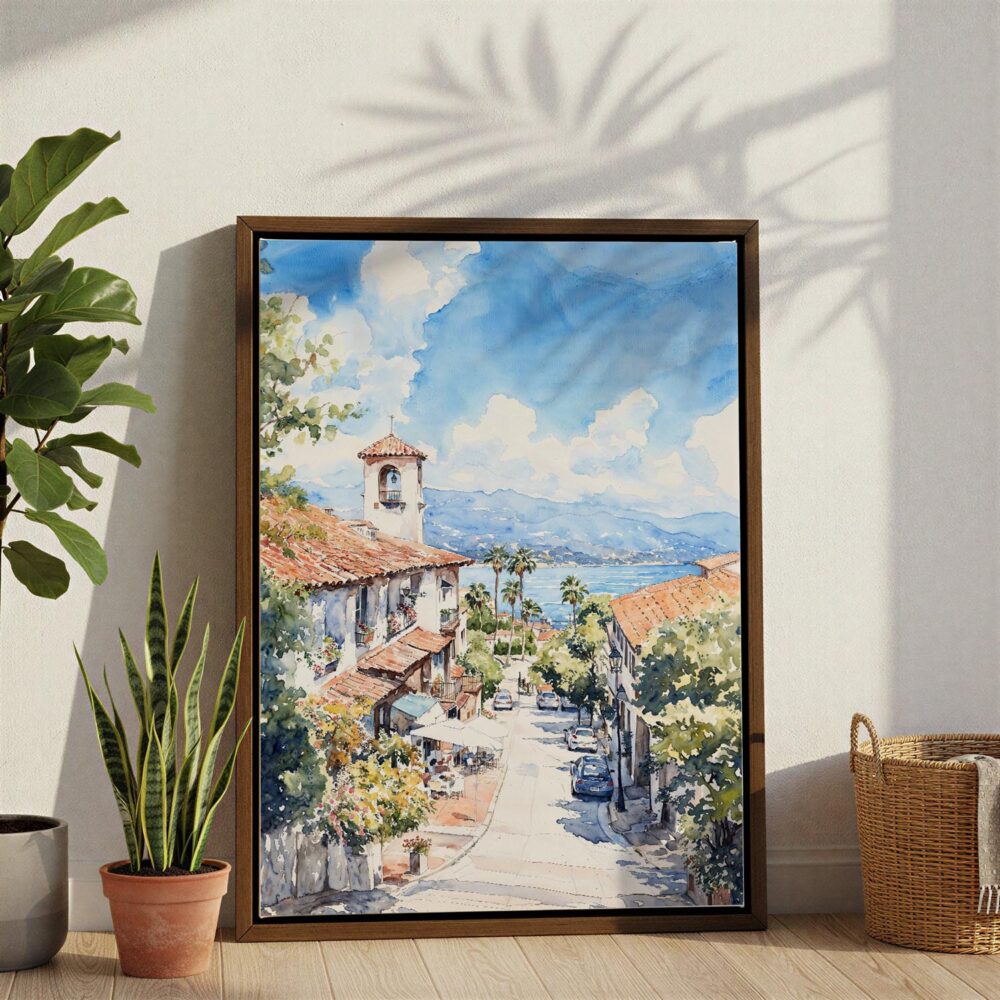 02 - Santa Barbara California Watercolor Canvas Print with Brown Floater Frame - Standing on Floor - Vertical.jpg 02 - Santa Barbara California Watercolor Canvas Print with Brown Floater Frame - Standing on Floor - Vertical.jpg