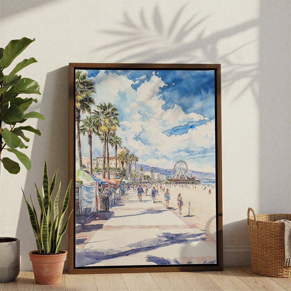 02 - Santa Monica Watercolor Canvas Print with Brown Floater Frame - Standing on Floor - Vertical.jpg 02 - Santa Monica Watercolor Canvas Print with Brown Floater Frame - Standing on Floor - Vertical.jpg