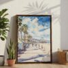 02 - Santa Monica Watercolor Canvas Print with Brown Floater Frame - Standing on Floor - Vertical.jpg