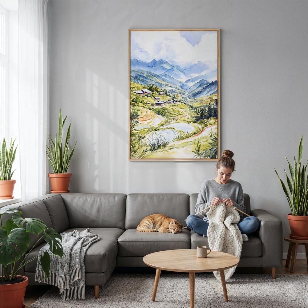 02 - Sapa Vietnam Watercolor Canvas Print with Natural Floater Frame - Woman Knitting on grey couch - Vertical.jpg 02 - Sapa Vietnam Watercolor Canvas Print with Natural Floater Frame - Woman Knitting on grey couch - Vertical.jpg