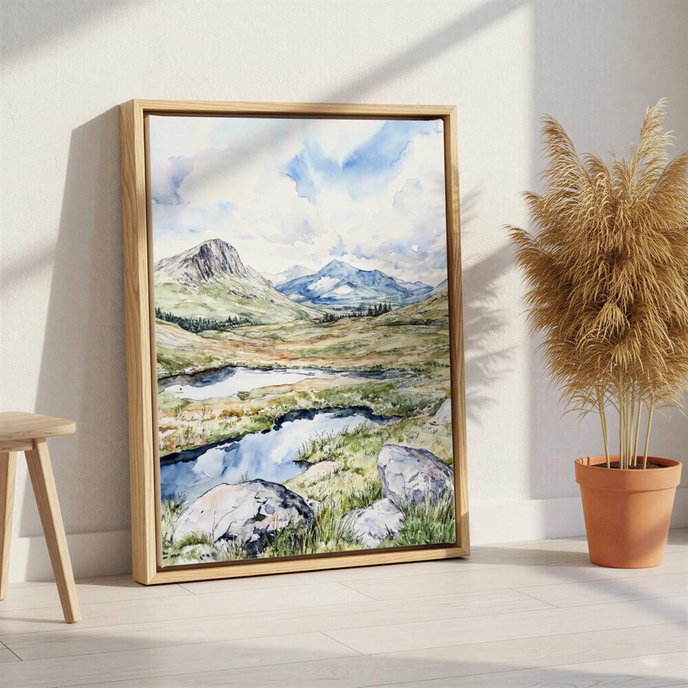 02 - Scottish Highlands Watercolor Canvas Print with Natural Floater Frame - Standing on Floor - Vertical.jpg 02 - Scottish Highlands Watercolor Canvas Print with Natural Floater Frame - Standing on Floor - Vertical.jpg