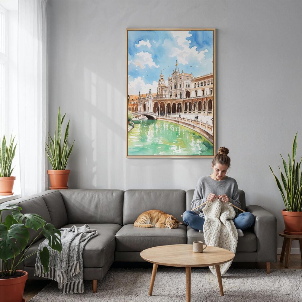 02 - Seville Plaza De Espana Watercolor Canvas Print with Natural Floater Frame - Woman Knitting on grey couch - Vertical.jpg 02 - Seville Plaza De Espana Watercolor Canvas Print with Natural Floater Frame - Woman Knitting on grey couch - Vertical.jpg