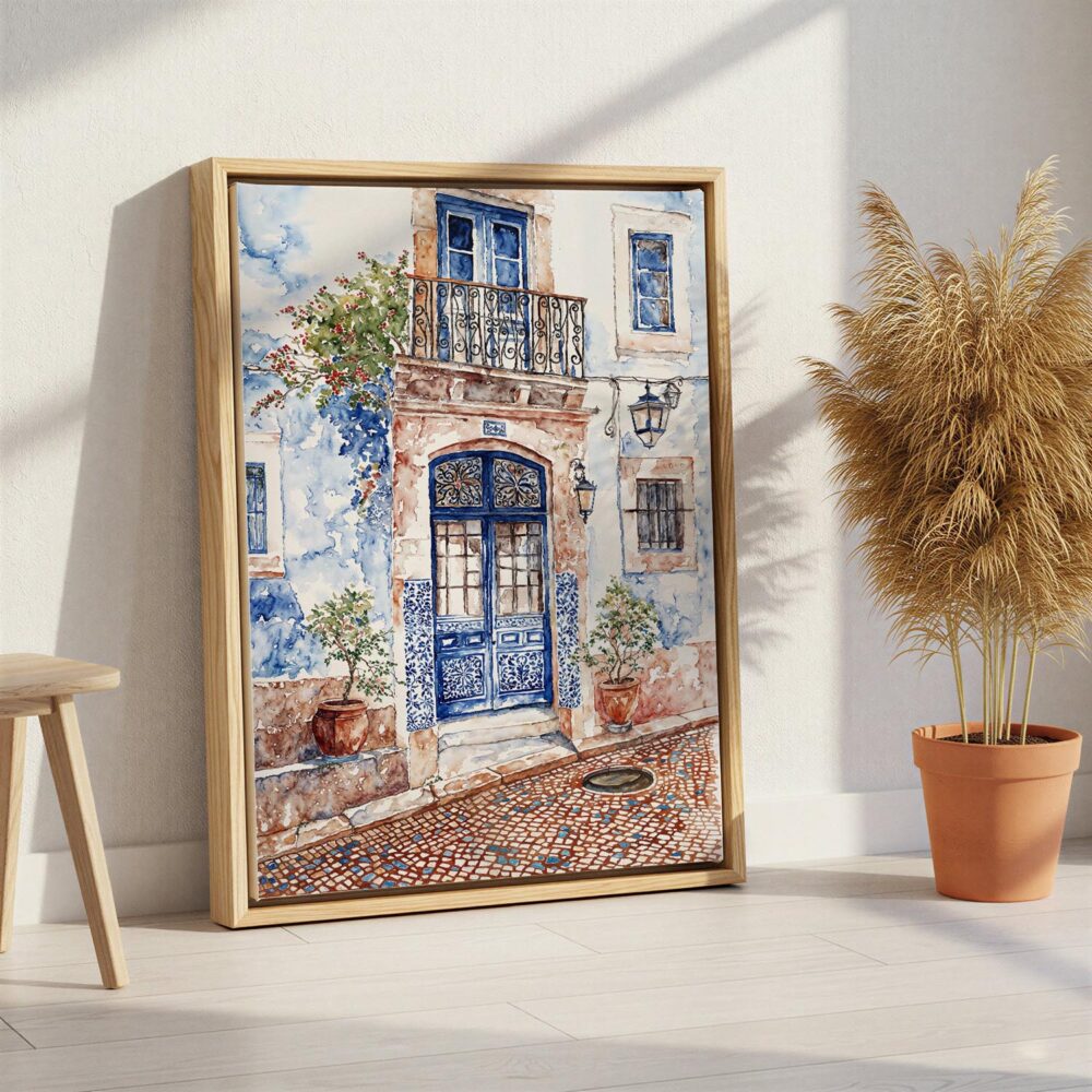 02 - Streets of Lisbon Portugal Watercolor Canvas Print with Natural Floater Frame - Standing on Floor - Vertical.jpg 02 - Streets of Lisbon Portugal Watercolor Canvas Print with Natural Floater Frame - Standing on Floor - Vertical.jpg
