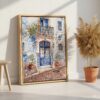 02 - Streets of Lisbon Portugal Watercolor Canvas Print with Natural Floater Frame - Standing on Floor - Vertical.jpg