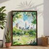 02 - Summer in New York Central Park Watercolor Canvas Print with Brown Floater Frame - Standing on Floor - Vertical.jpg
