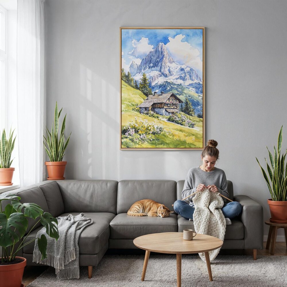 02 - Swiss Alps Watercolor Canvas Print with Natural Floater Frame - Woman Knitting on grey couch - Vertical.jpg 02 - Swiss Alps Watercolor Canvas Print with Natural Floater Frame - Woman Knitting on grey couch - Vertical.jpg