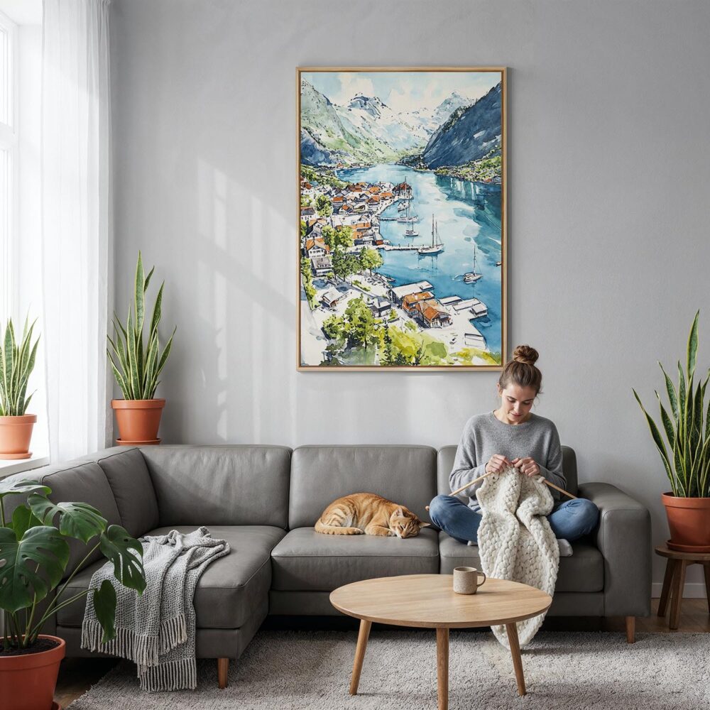 02 - The Fjords Watercolor Canvas Print with Natural Floater Frame - Woman Knitting on grey couch - Vertical.jpg 02 - The Fjords Watercolor Canvas Print with Natural Floater Frame - Woman Knitting on grey couch - Vertical.jpg