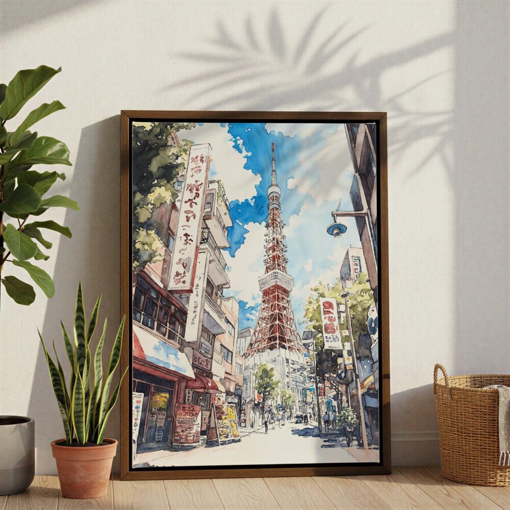 02 - Tokyo Tower - Watercolor Canvas Print with Brown Floater Frame - Standing on Floor - Vertical.jpg 02 - Tokyo Tower - Watercolor Canvas Print with Brown Floater Frame - Standing on Floor - Vertical.jpg