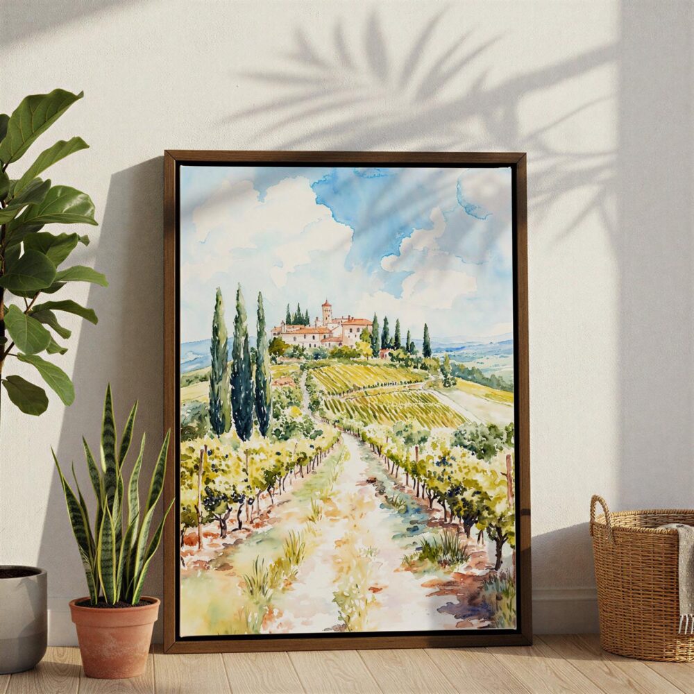 02 - Tuscany Italy Watercolor Canvas Print with Brown Floater Frame - Standing on Floor - Vertical.jpg 02 - Tuscany Italy Watercolor Canvas Print with Brown Floater Frame - Standing on Floor - Vertical.jpg