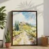 02 - Tuscany Italy Watercolor Canvas Print with Brown Floater Frame - Standing on Floor - Vertical.jpg