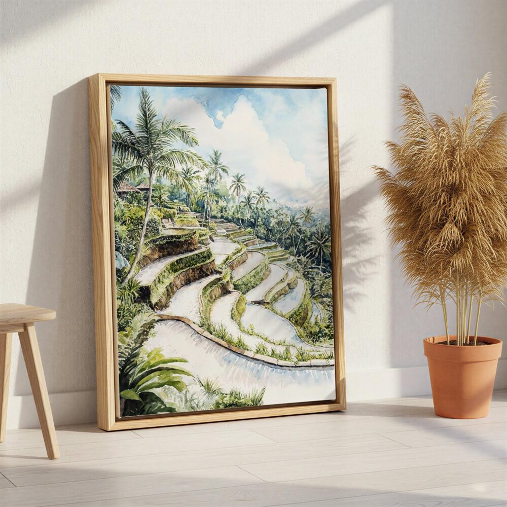 02 - Ubud Bali Watercolor Canvas Print with Natural Floater Frame - Standing on Floor - Vertical.jpg 02 - Ubud Bali Watercolor Canvas Print with Natural Floater Frame - Standing on Floor - Vertical.jpg
