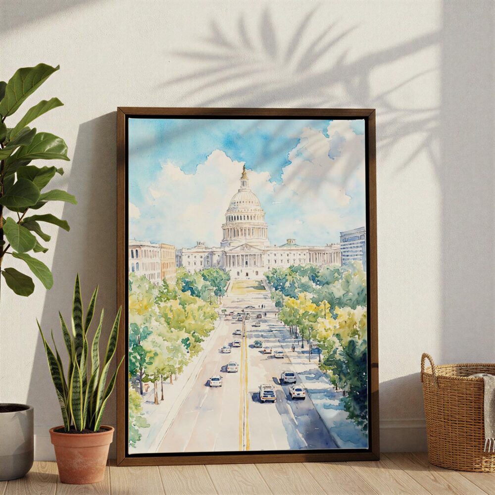 02 - Washington DC Watercolor Canvas Print with Brown Floater Frame - Standing on Floor - Vertical.jpg 02 - Washington DC Watercolor Canvas Print with Brown Floater Frame - Standing on Floor - Vertical.jpg