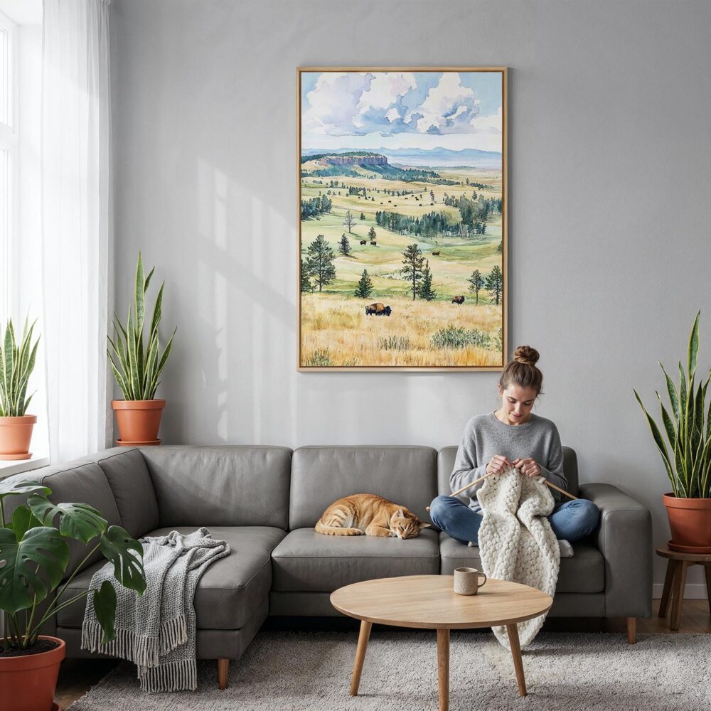 02 - Wind Cave National Park Watercolor Canvas Print with Natural Floater Frame - Woman Knitting on grey couch - Vertical.jpg 02 - Wind Cave National Park Watercolor Canvas Print with Natural Floater Frame - Woman Knitting on grey couch - Vertical.jpg