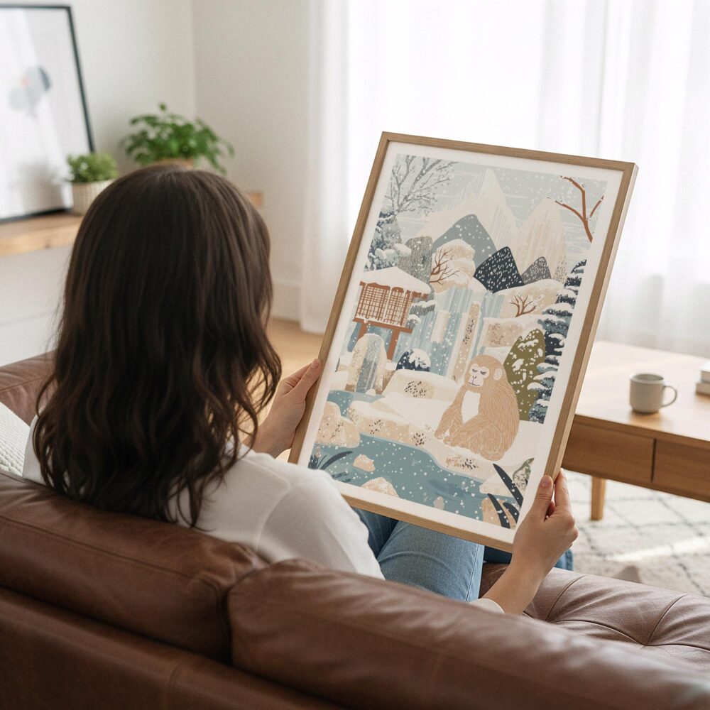 02 - Woman Holding Framed Japanese Macaque in Outdoor Onsen Winter Landscape Illustration Art Print - Vertical.jpg 02 - Woman Holding Framed Japanese Macaque in Outdoor Onsen Winter Landscape Illustration Art Print - Vertical.jpg