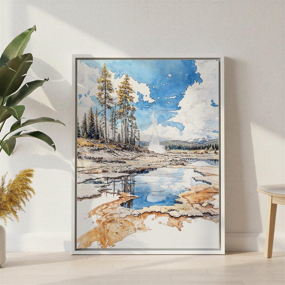 02 - Yellostone Geyser - Walercolor Canvas Print with White Floater Frame - Standing on Floor - Vertical.jpg 02 - Yellostone Geyser - Walercolor Canvas Print with White Floater Frame - Standing on Floor - Vertical.jpg