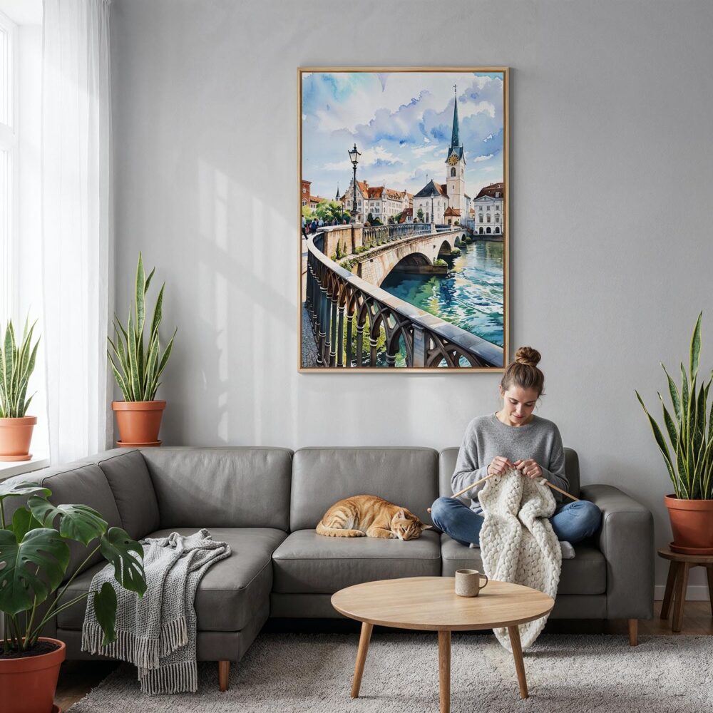 02 - Zurich Switzerland Watercolor Canvas Print with Natural Floater Frame - Woman Knitting on grey couch - Vertical.jpg 02 - Zurich Switzerland Watercolor Canvas Print with Natural Floater Frame - Woman Knitting on grey couch - Vertical.jpg