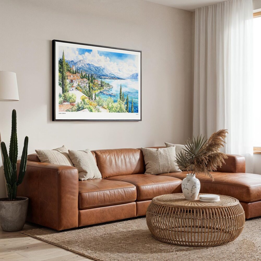03 - 01 - Framed Lake Garda in Italy Watercolor - Horizontal Canvas Print - Boho Living Room.jpg 03 - 01 - Framed Lake Garda in Italy Watercolor - Horizontal Canvas Print - Boho Living Room.jpg