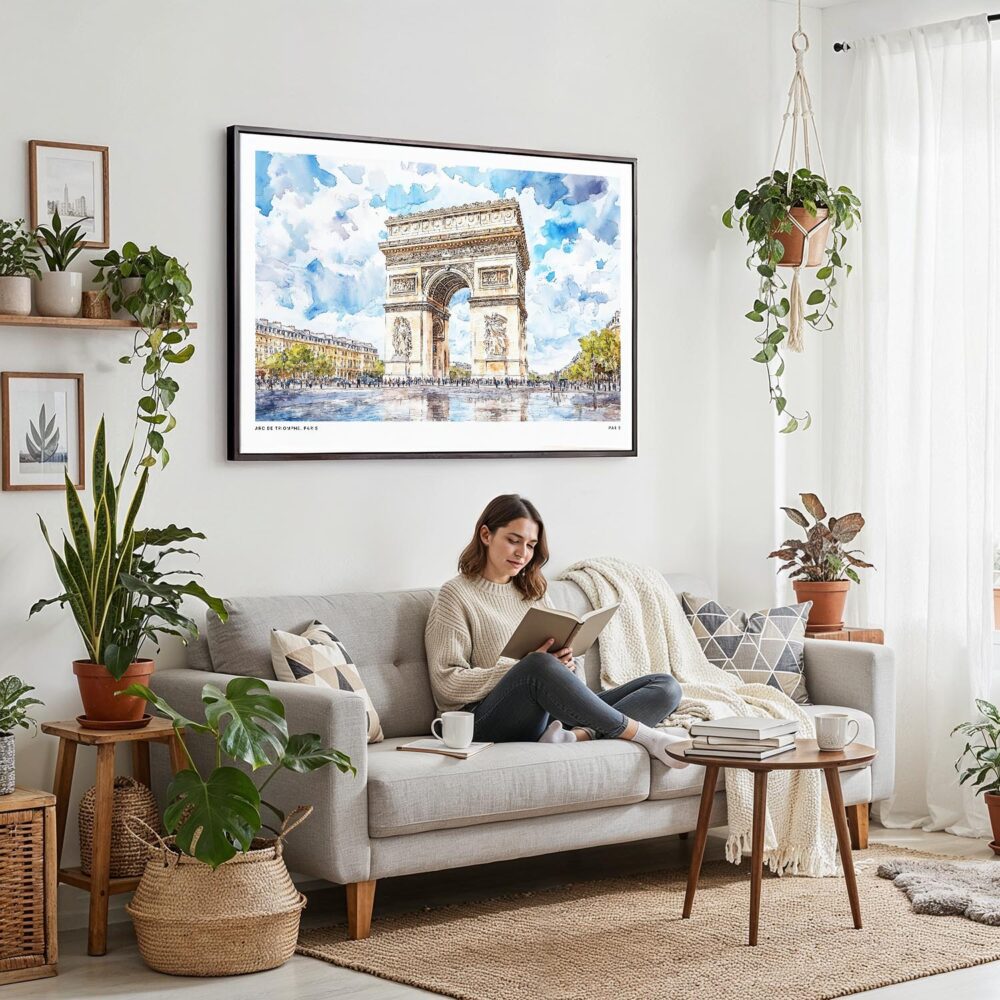 03 - 02 - Framed Arc De Triomphe Watercolor - Horizontal Canvas Print - Boho Living Room with Woman reading.jpg 03 - 02 - Framed Arc De Triomphe Watercolor - Horizontal Canvas Print - Boho Living Room with Woman reading.jpg